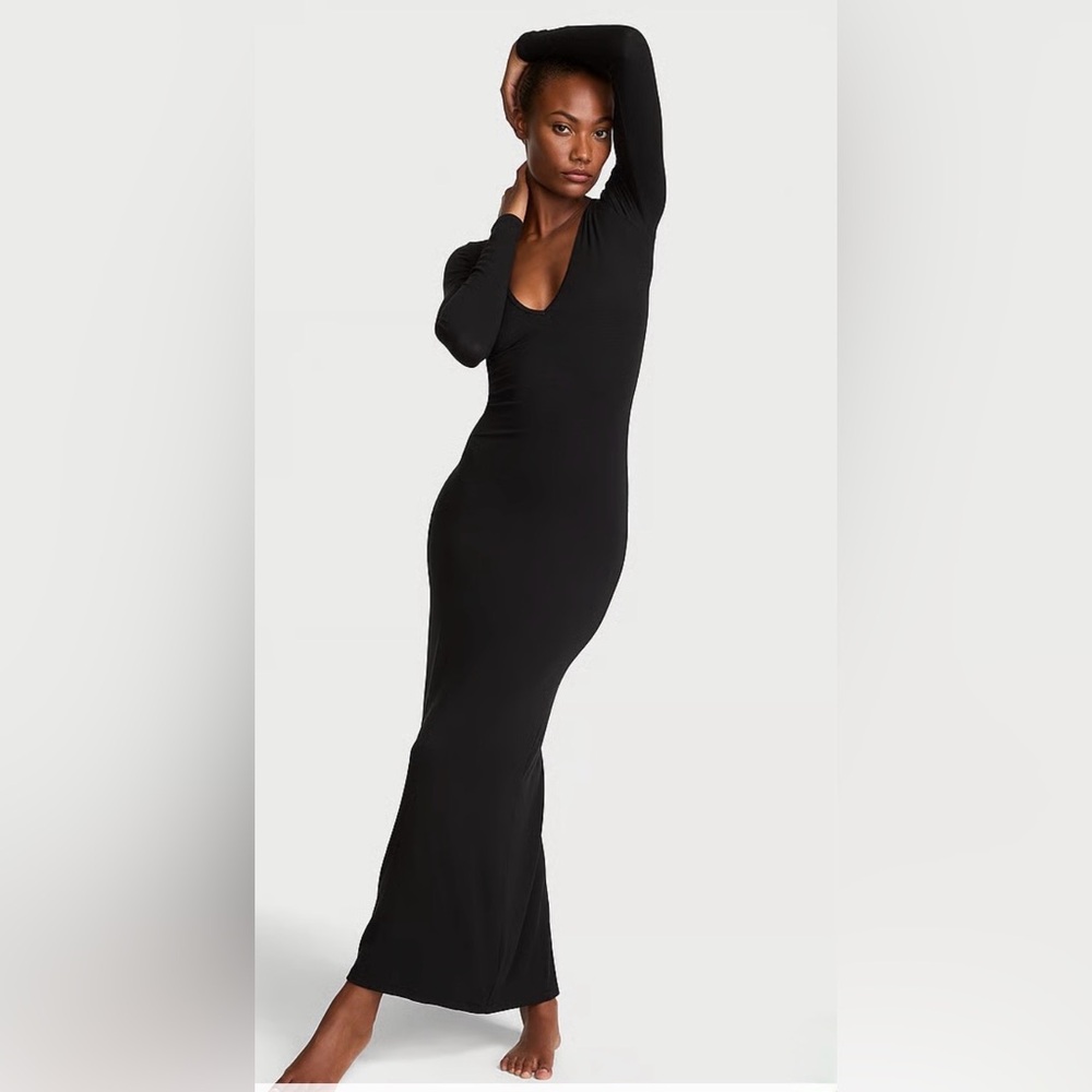 VENUS - BLACK DRAMATIC TEA- FRONT LENGTH MAXI WITH CENTER RUFFLE HIGH LOW DRESS